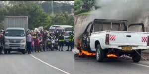 Haketswe imyuka mibi! Mu muhanda mu rwa gati Kigali – Kamonyi, imodoka yafashwe n’inkongi y’umuriro irashya irakongoka hasigara amapine 2 gusa – VIDEO 