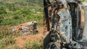 Rwamagana: Habereye impanuka ikomeye, imodoka yarenze umuhanda igonga abanyamaguru irakomeza igwa mu mpanga, ihita ifatwa n’inkingo y’umuriro – AMAFOTO 