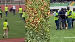 Mu mukino wa CAF Confederation Cup waraye ubaye, umugabo yanyanyagije uburozi mu izamu, abashinzwe umutekano baza kumufata (VIDEWO) 
